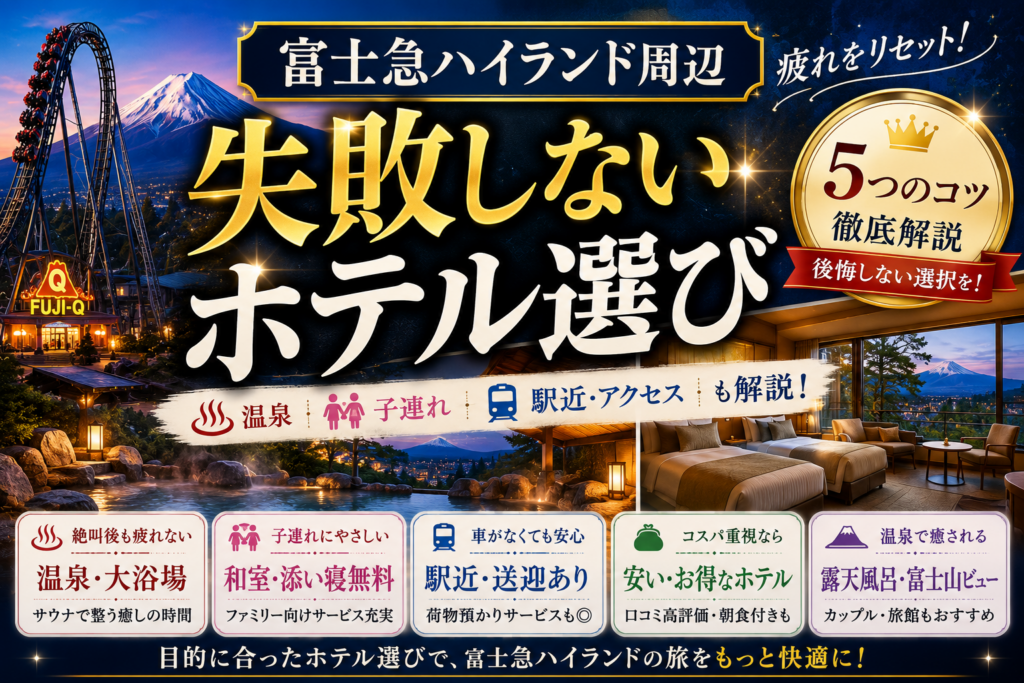 富士急ハイランド周辺で疲れないホテルの選び方や温泉・子連れ向け宿を紹介するアイキャッチ画像