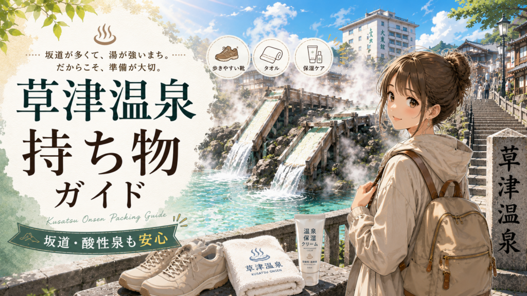 草津温泉旅行の持ち物ガイドを紹介するアイキャッチ画像。湯畑と坂道を背景に、歩きやすい靴やタオル、保湿ケア用品が描かれている。
