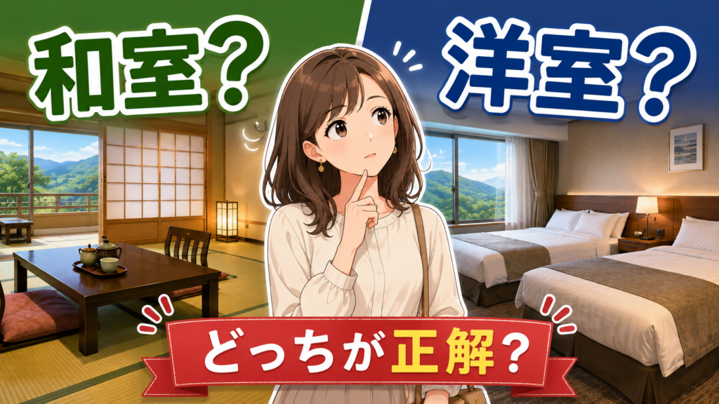 温泉宿の和室と洋室のどちらを選ぶか迷う女性旅行者