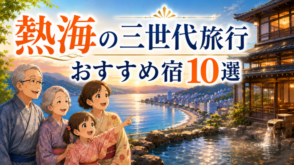 熱海の三世代旅行におすすめの宿10選を紹介する、祖父母・親・孫と海辺の温泉旅館のイラスト