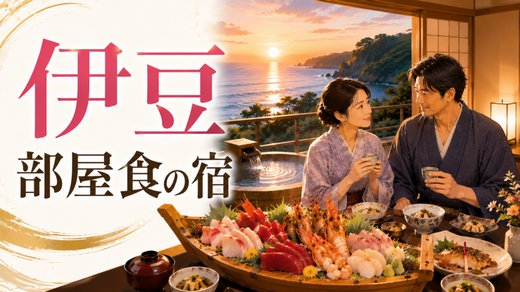 伊豆の部屋食の宿で露天風呂と海を眺めながら食事を楽しむカップル