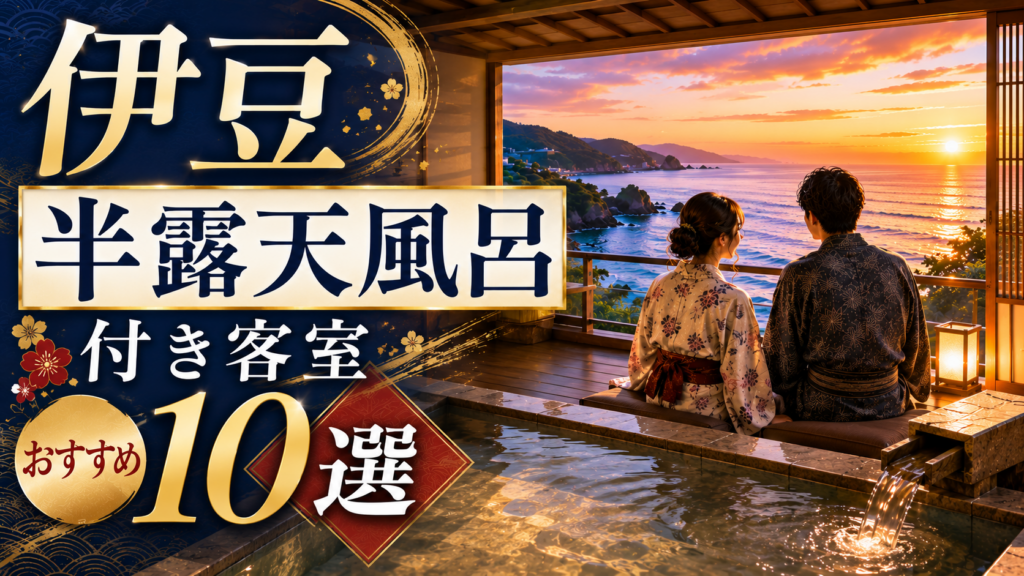 伊豆の海を望む半露天風呂付き客室で過ごすカップルとおすすめ宿10選のアイキャッチ画像