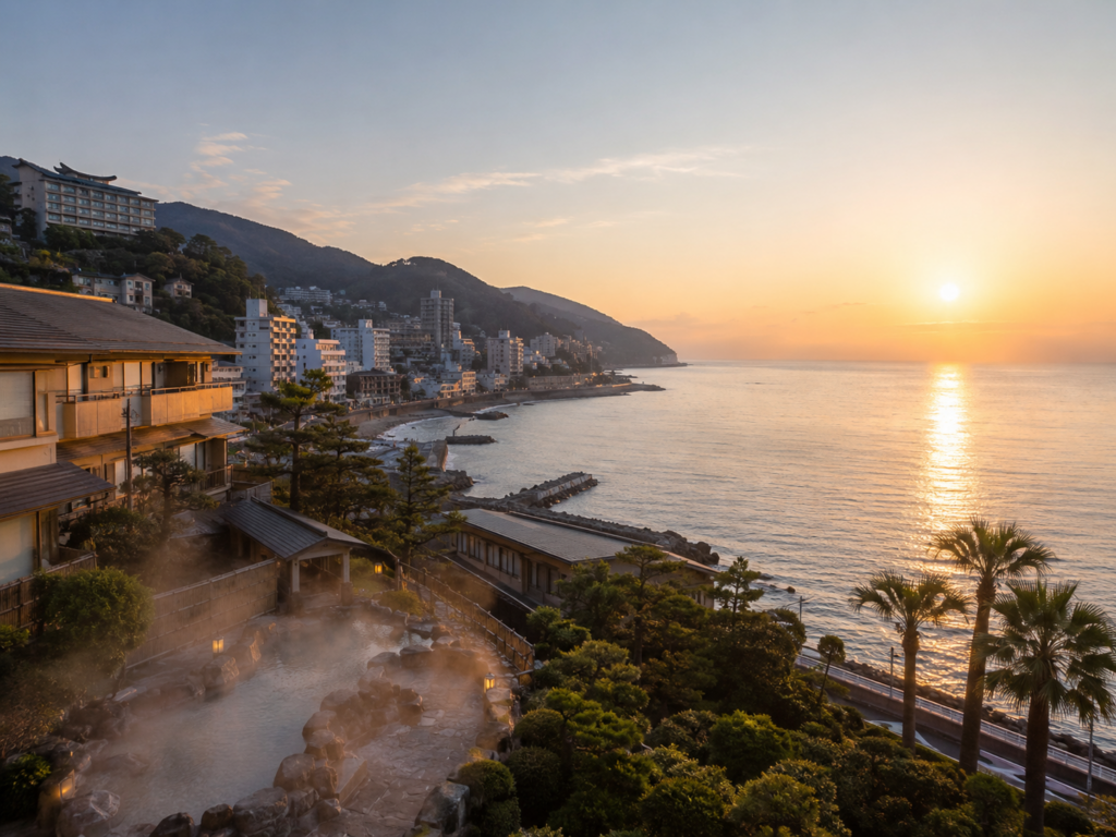 相模湾に沈む夕日と海沿いに広がる熱海温泉街の風景