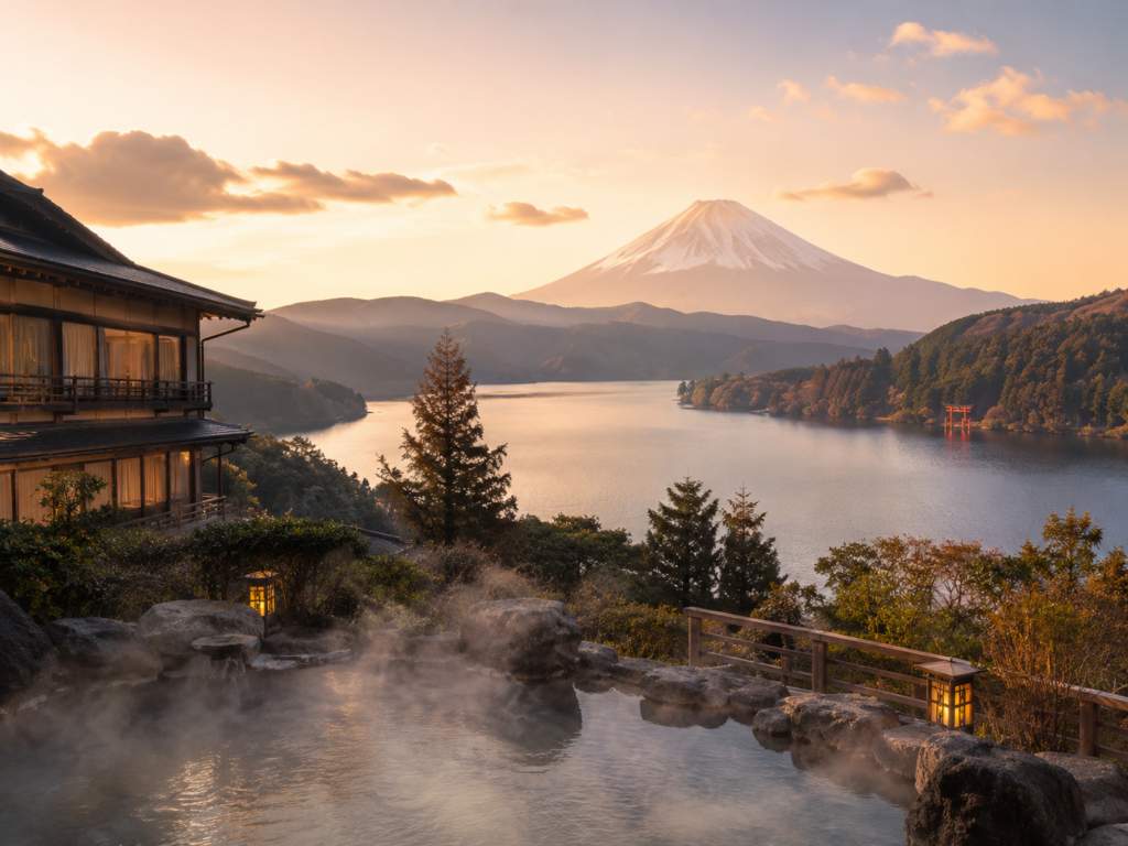 芦ノ湖越しに富士山を望む箱根温泉の露天風呂と旅館の風景