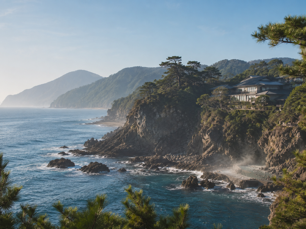 海岸沿いの断崖と温泉旅館が調和する伊豆温泉の絶景