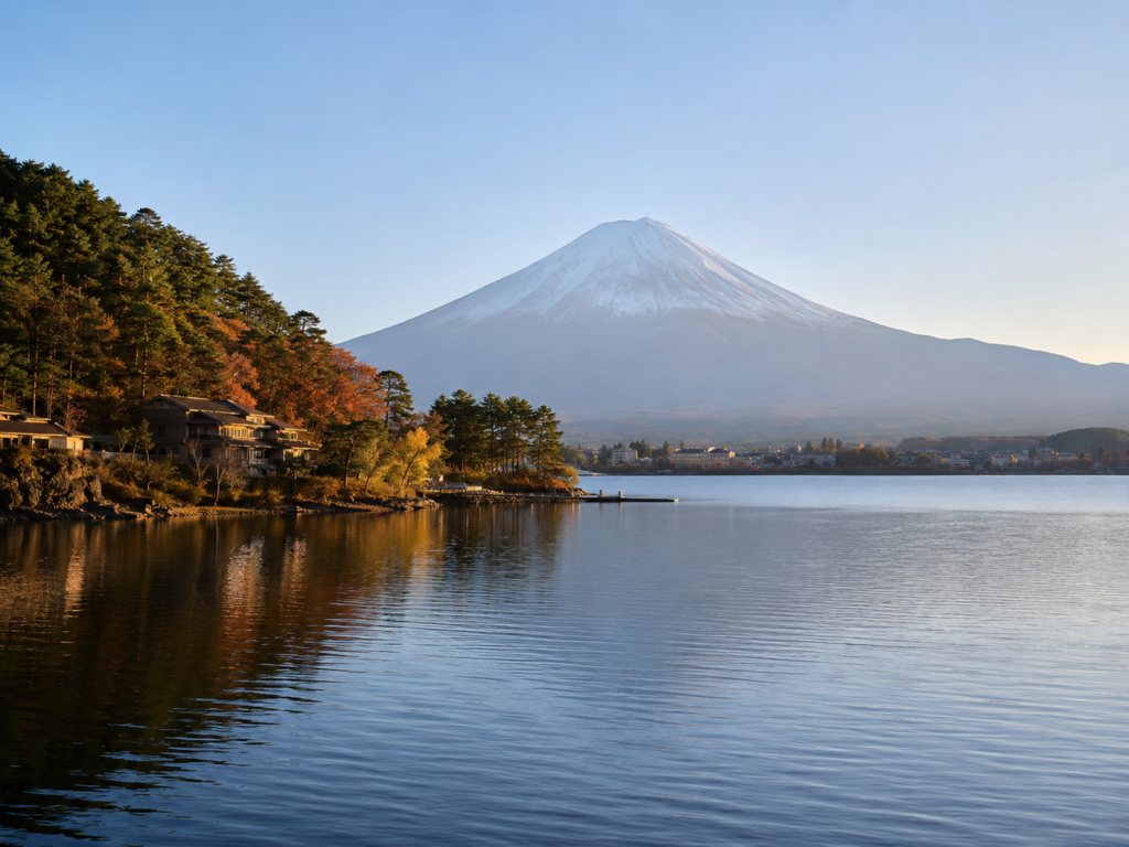 河口湖越しに富士山を望む穏やかな湖畔の景色