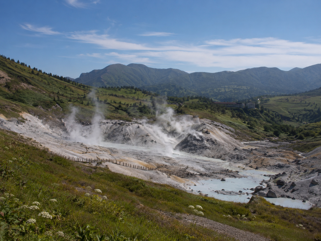 噴気が立ち上る万座温泉の硫黄地帯と山々の景色