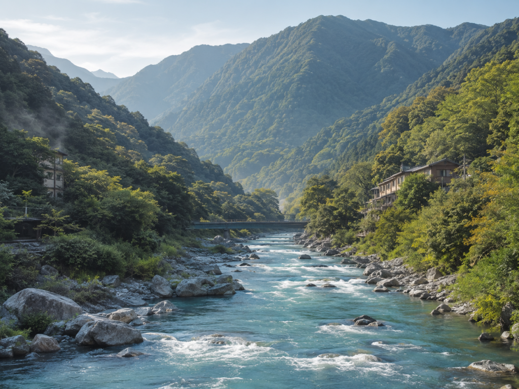 利根川の清流と山々に囲まれた水上温泉の風景