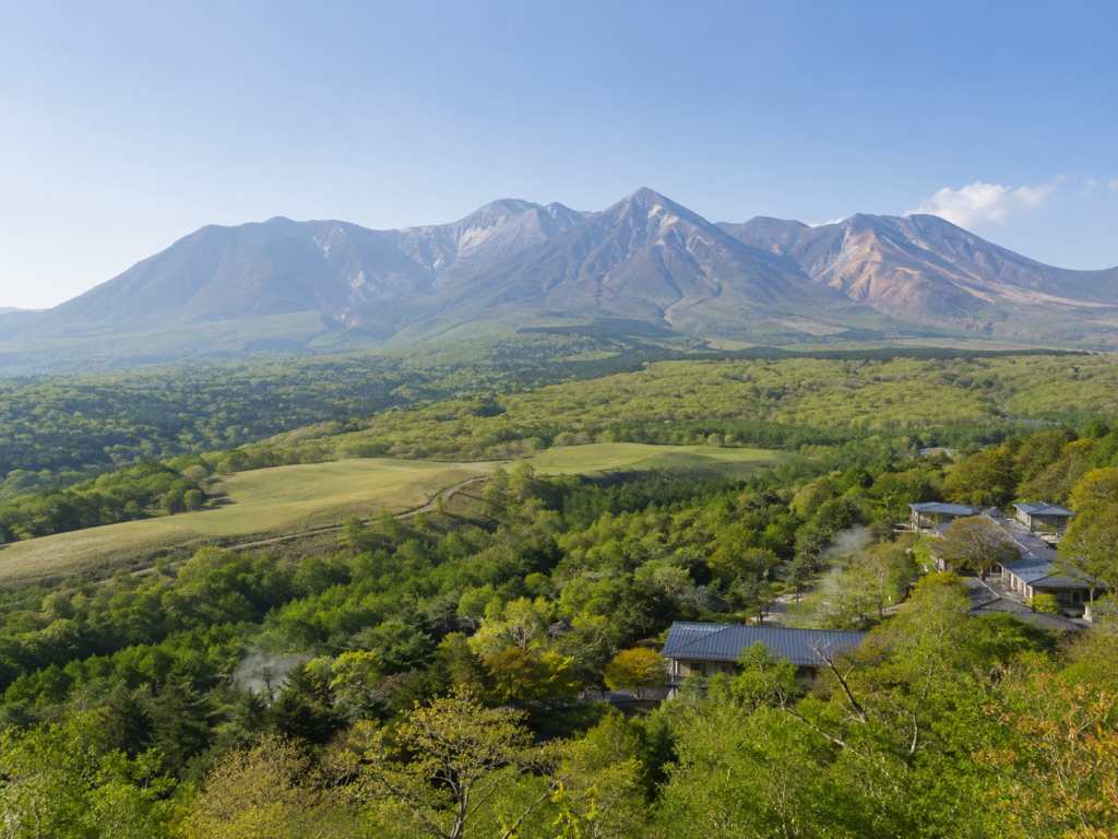 那須連山を望む高原と自然豊かな那須温泉周辺の景色