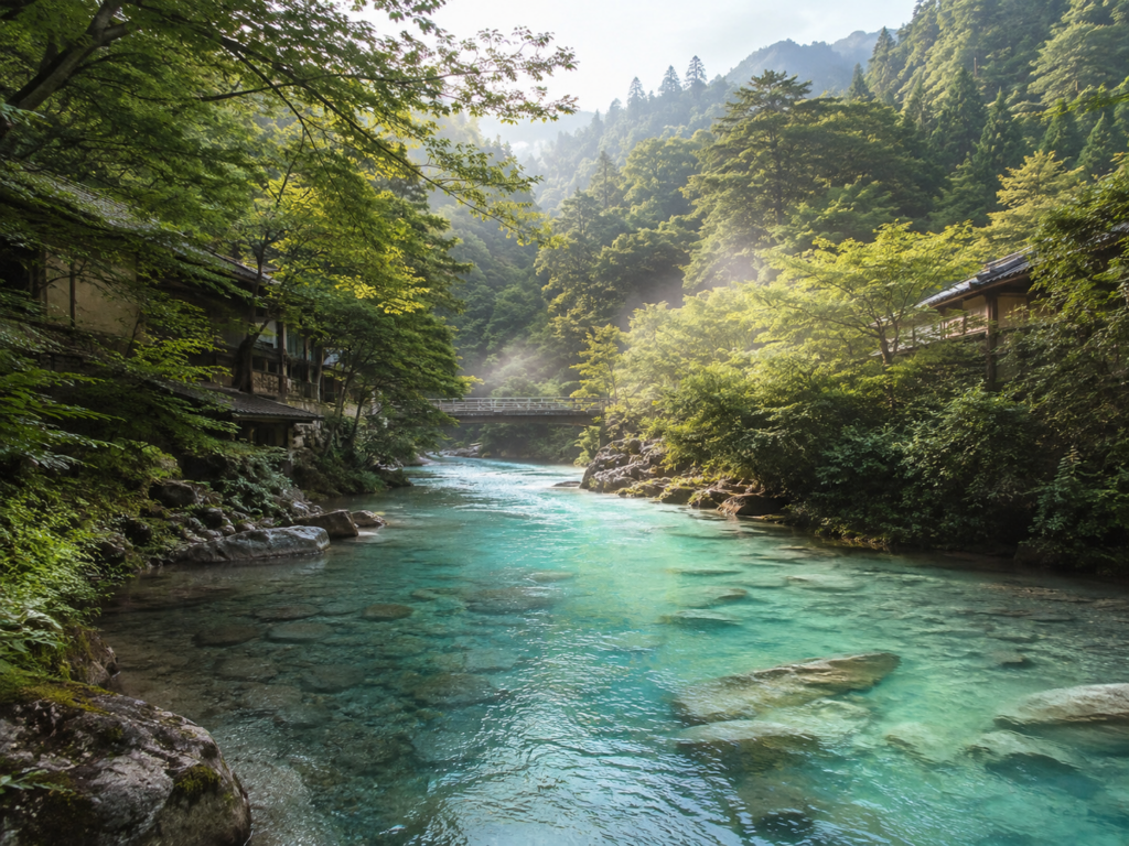 四万川の清流と自然に囲まれた四万温泉の風景