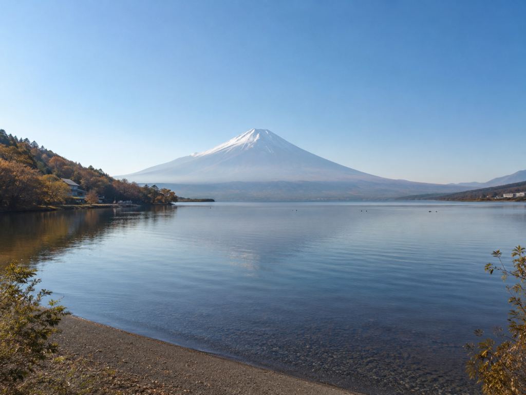 山中湖越しに雄大な富士山を望む美しい湖畔の風景
