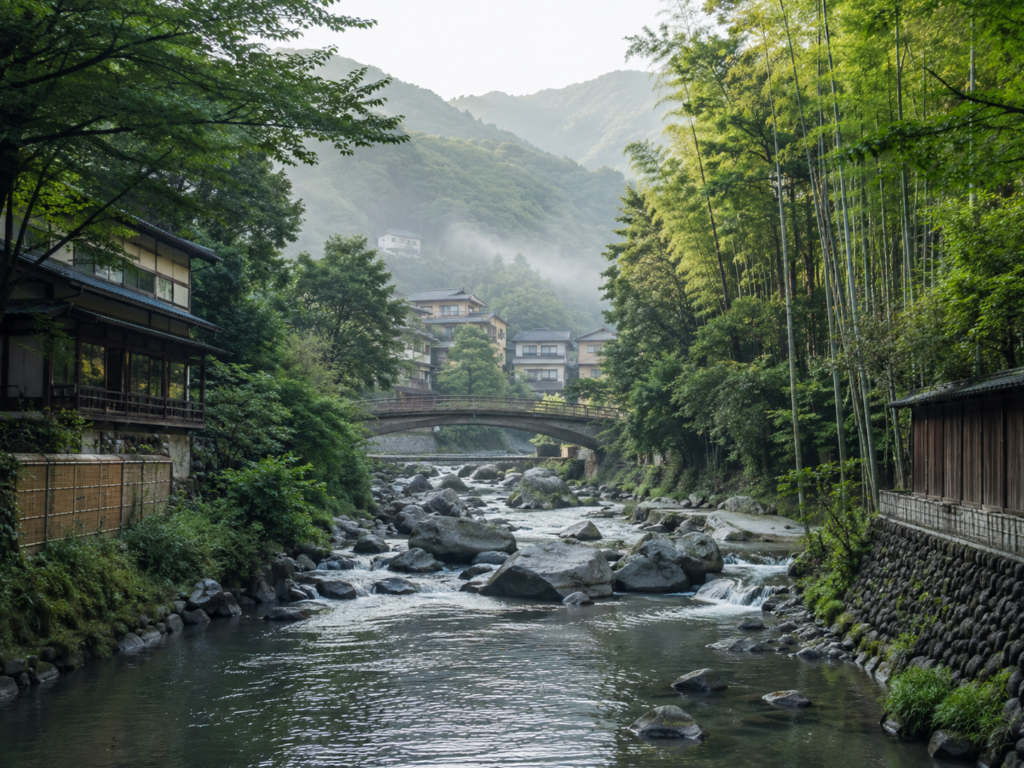 川沿いの旅館街と石橋が美しい湯河原温泉の風景