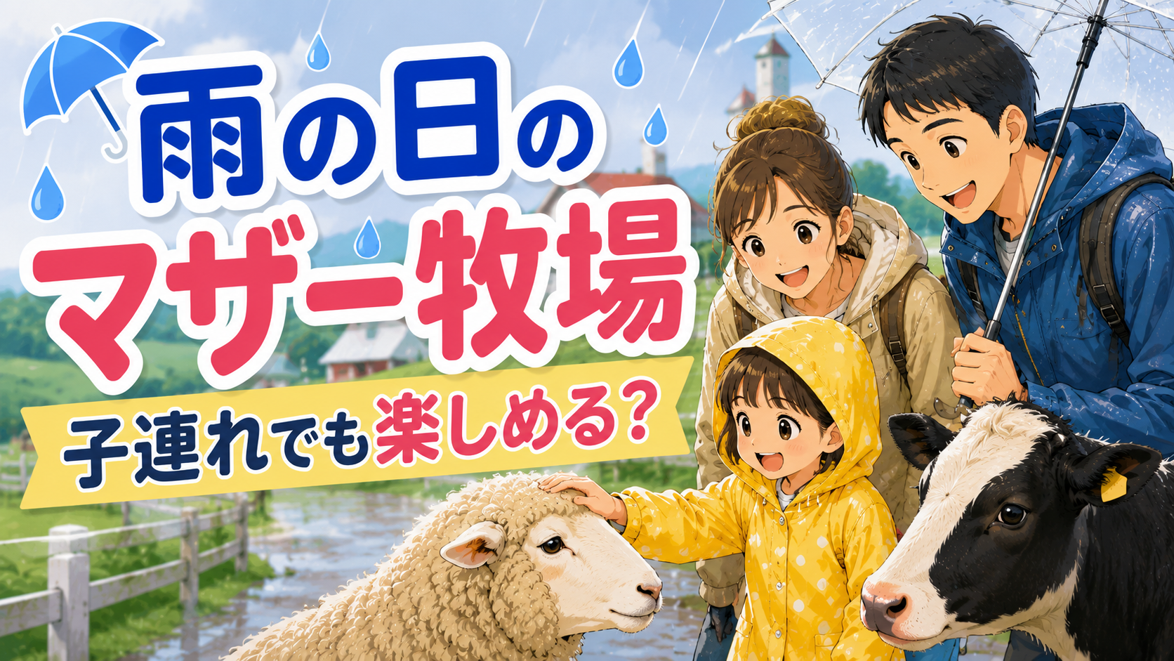 雨の日のマザー牧場でレインコート姿の子どもと両親が羊や牛とのふれあいを楽しむ様子