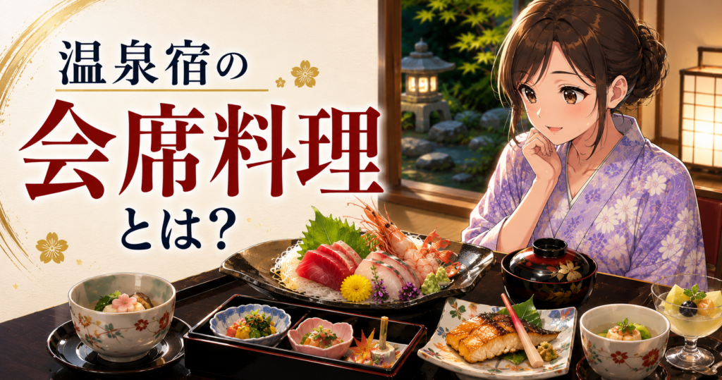 温泉宿の和室で会席料理を楽しむ浴衣姿の女性