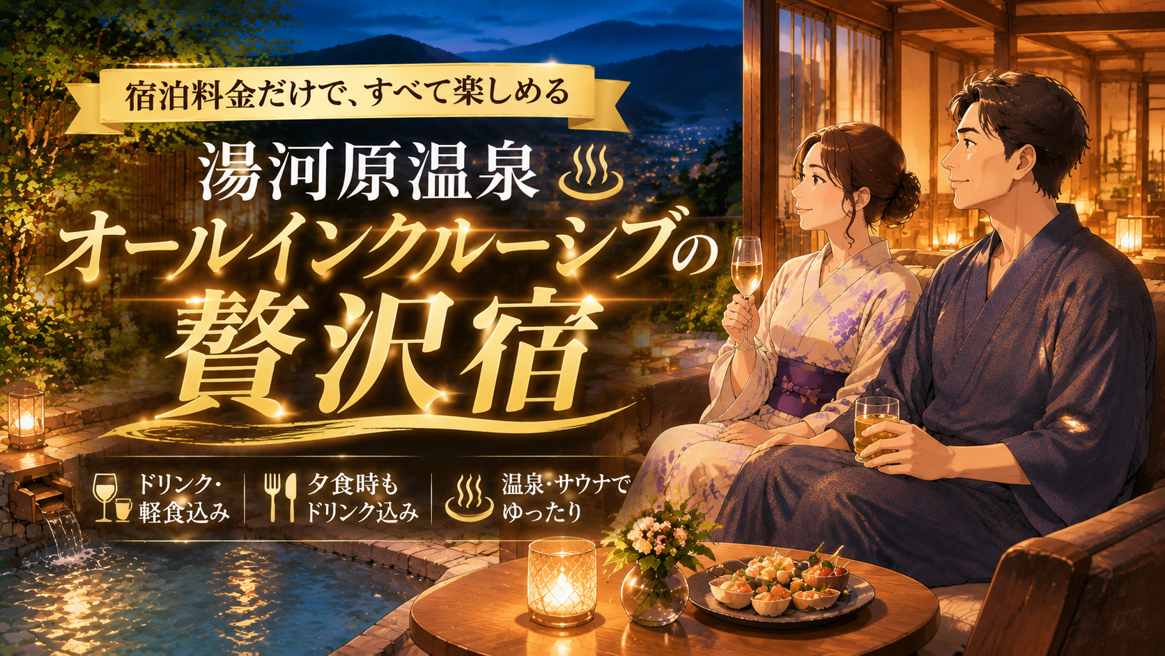 湯河原温泉オールインクルーシブの贅沢宿で過ごす夫婦と露天風呂のイラスト
