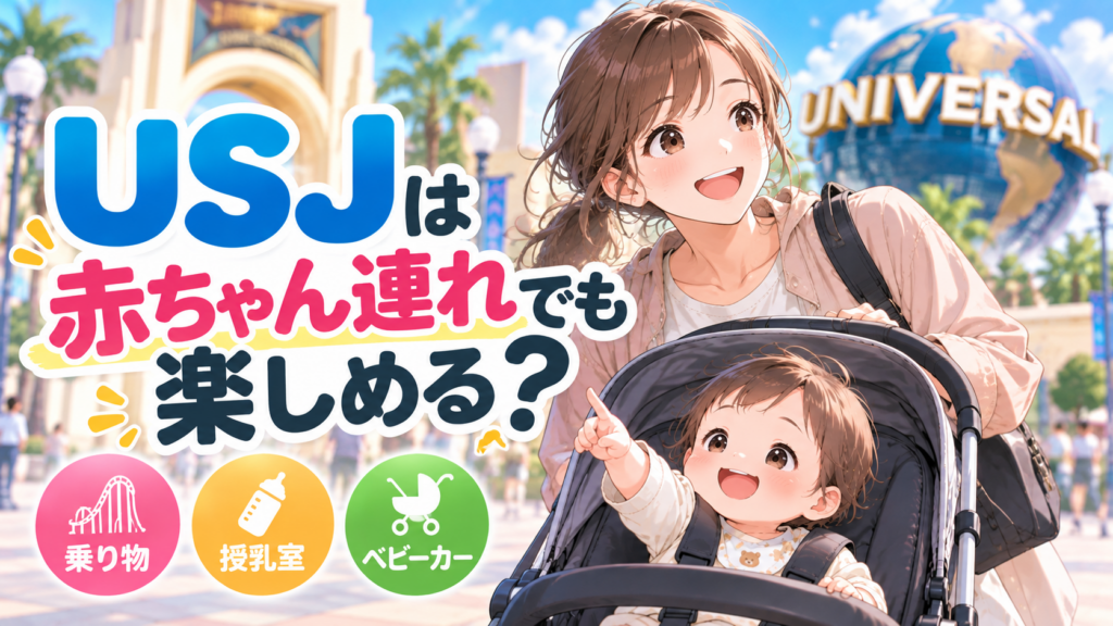 USJを赤ちゃん連れで楽しむ親子とベビーカーのイメージ