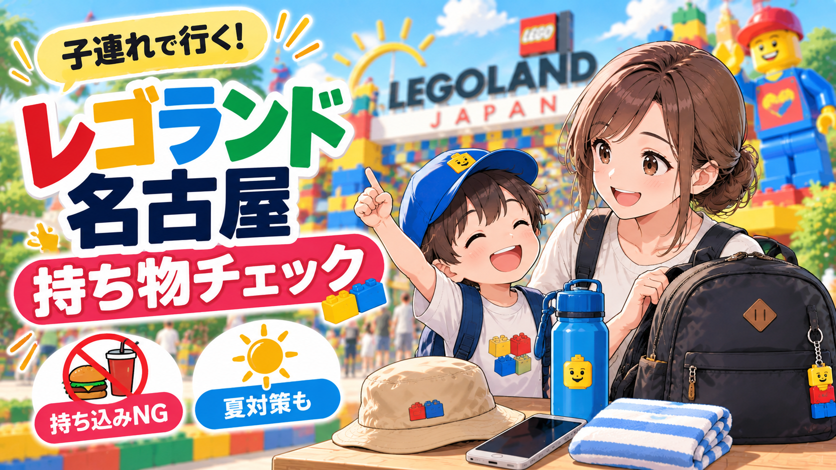 レゴランド名古屋の持ち物チェックをする子連れ親子のイメージ