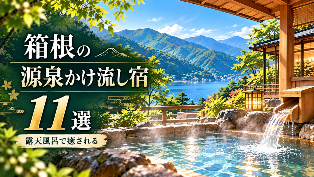 箱根の源泉かけ流し宿おすすめ11選を紹介するアイキャッチイラスト。山々を望む旅館の露天風呂と湯けむり
