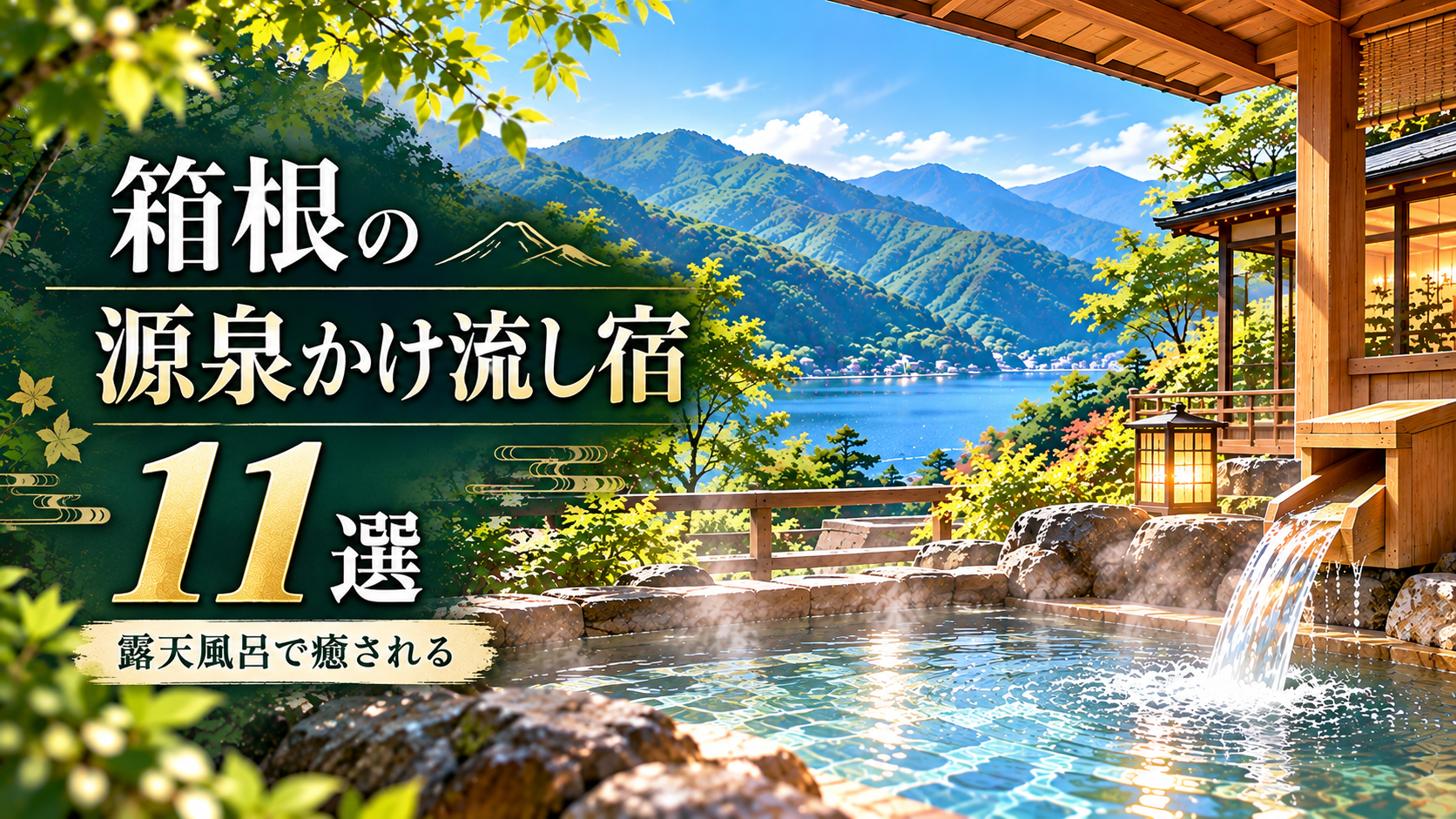 箱根の源泉かけ流し宿おすすめ11選を紹介するアイキャッチイラスト。山々を望む旅館の露天風呂と湯けむり