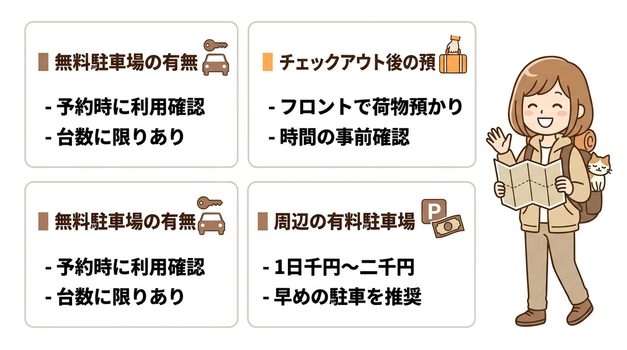 駐車場の有無と観光後の預かり