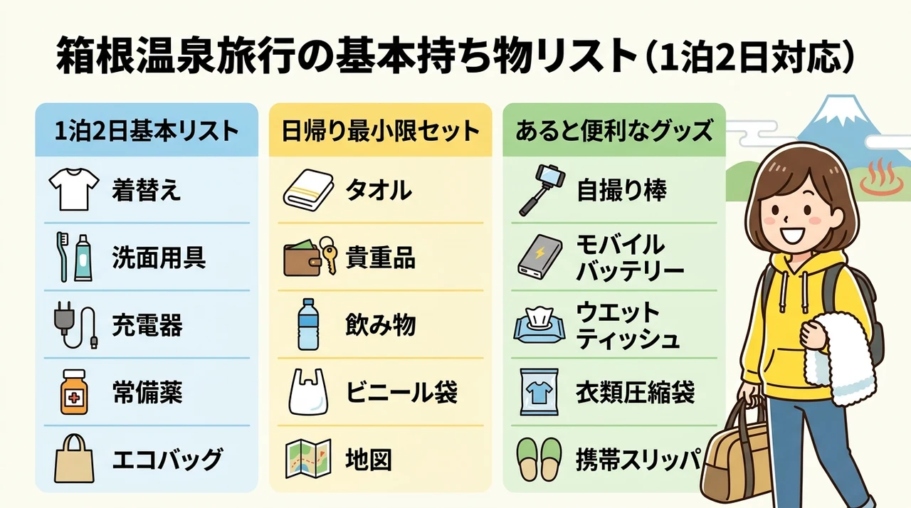 箱根温泉旅行の基本持ち物リスト(1泊2日対応)