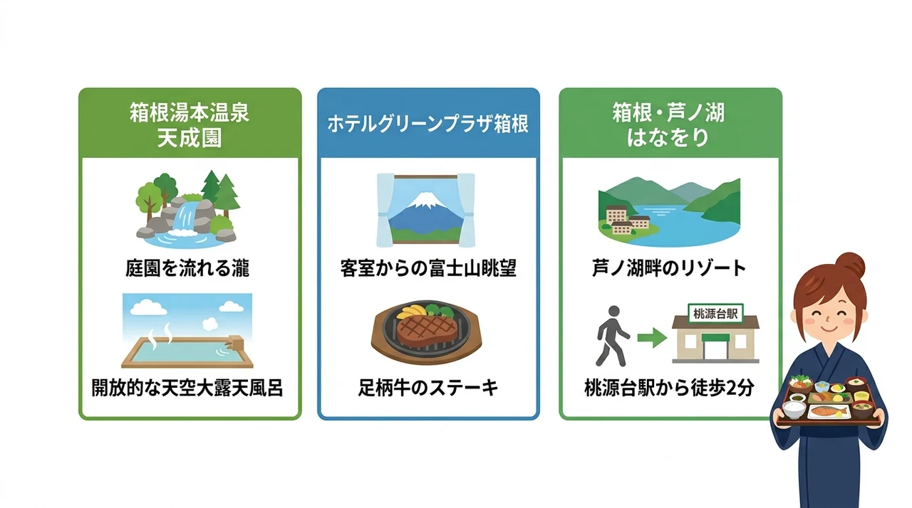 箱根のエリア別バイキング宿の特徴