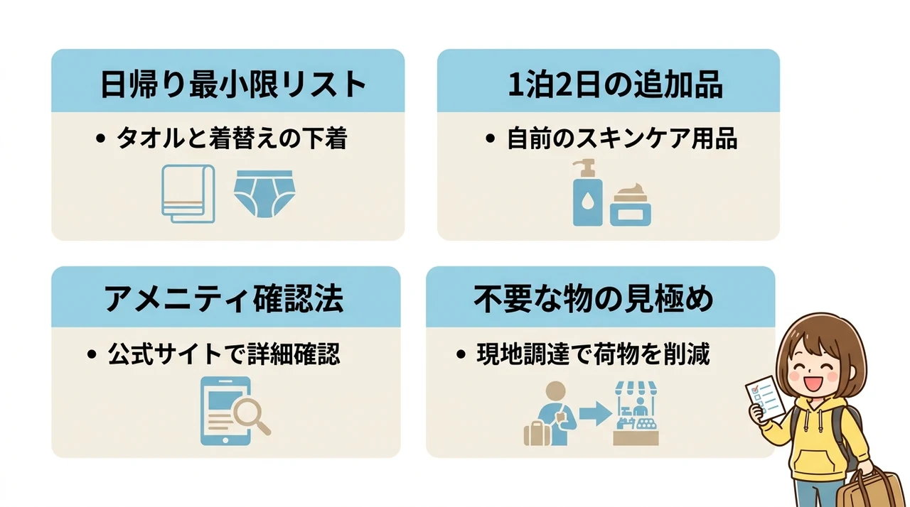 日帰りと1泊2日で変わる持ち物の違い