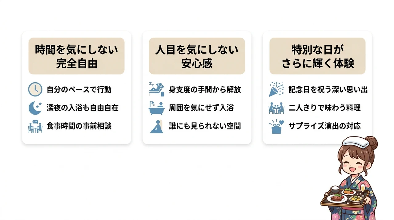 露天風呂付き客室での部屋食ステイで得られる3つの価値