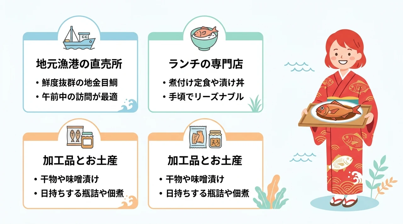 宿の周辺で立ち寄りたい金目鯛グルメスポット