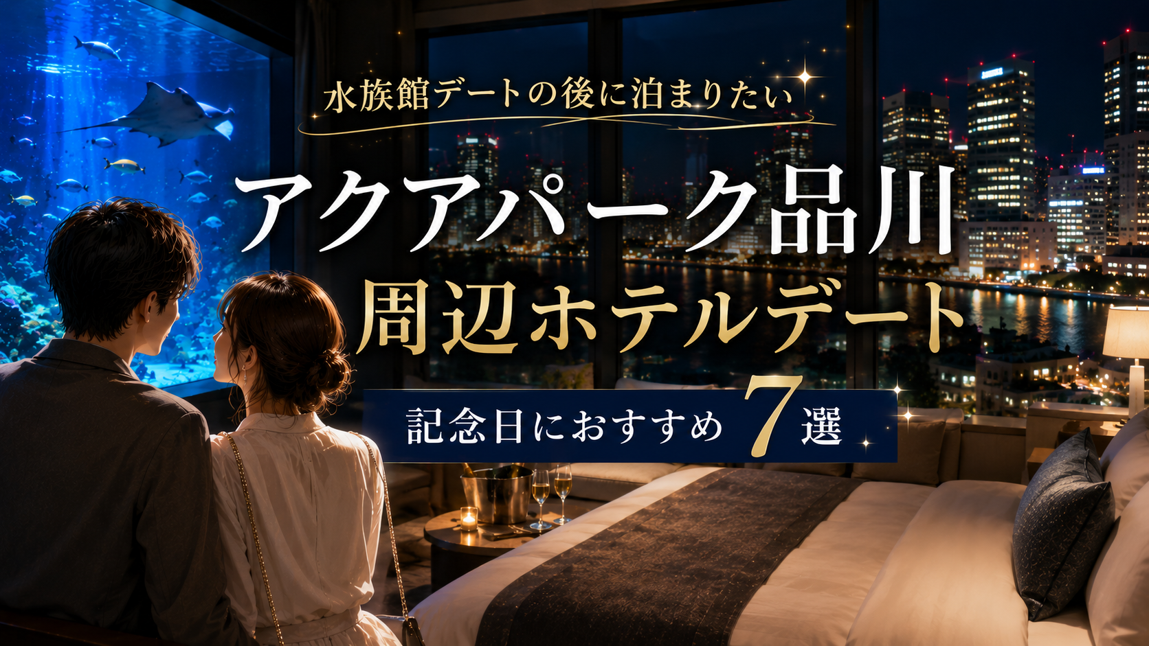 アクアパーク品川周辺のホテルデート7選を紹介するアイキャッチ画像。水族館と夜景を眺めるカップルの写真風ビジュアル