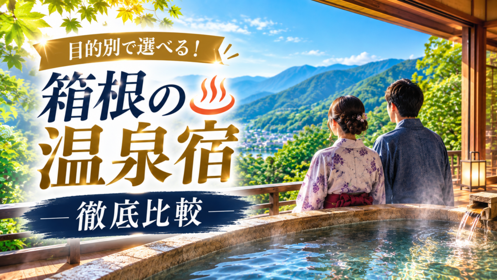 箱根の温泉宿を目的別に比較する記事のアイキャッチ。露天風呂と箱根の山を望む浴衣姿のカップル