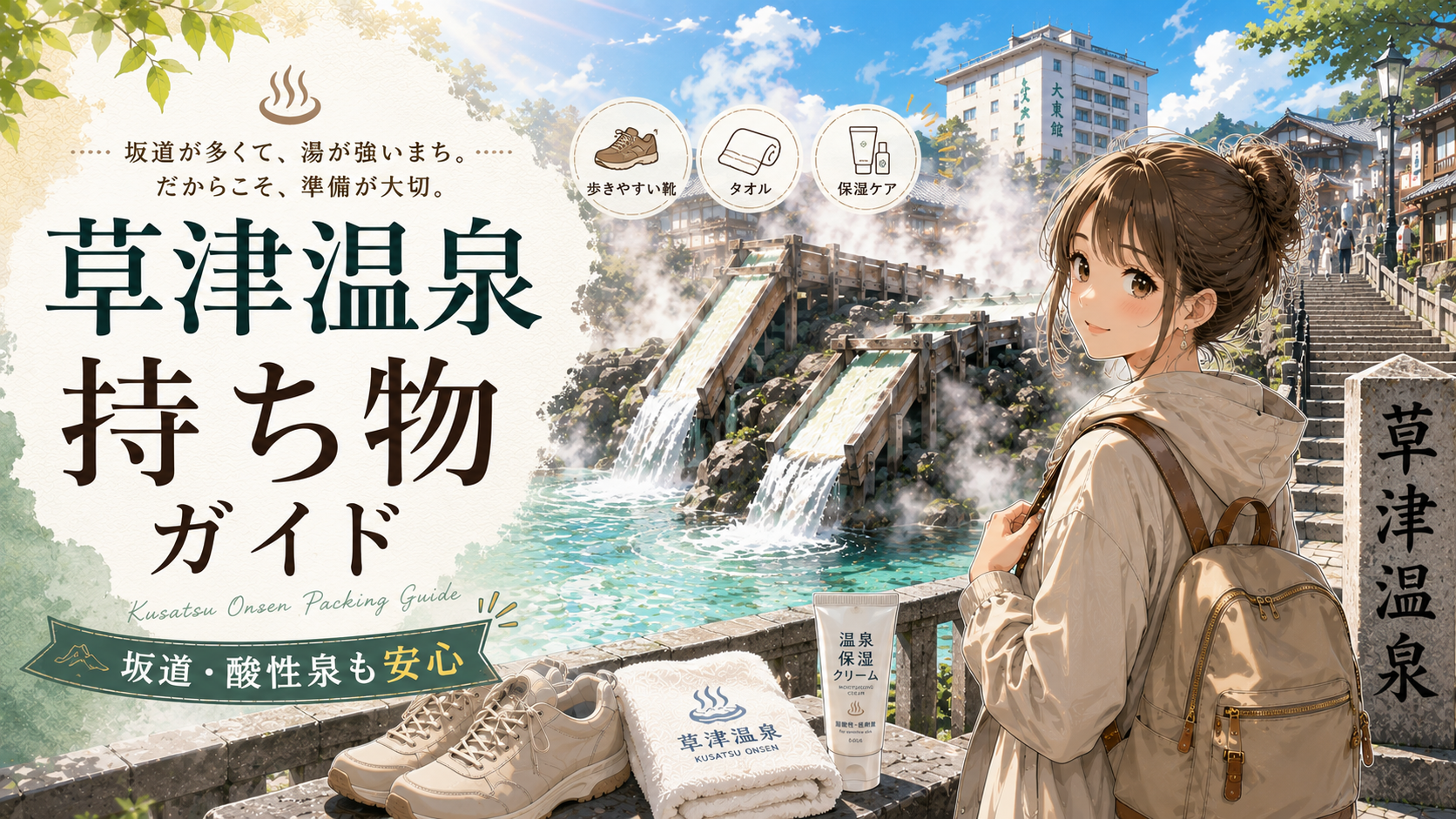 草津温泉旅行の持ち物ガイドを紹介するアイキャッチ画像。湯畑と坂道を背景に、歩きやすい靴やタオル、保湿ケア用品が描かれている。