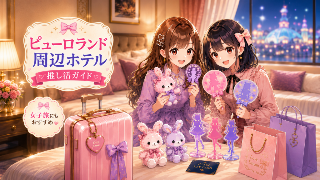 ピューロランド周辺ホテルで推し活女子旅を楽しむ女性2人とぬいぐるみ・アクスタ・スーツケースのイラスト