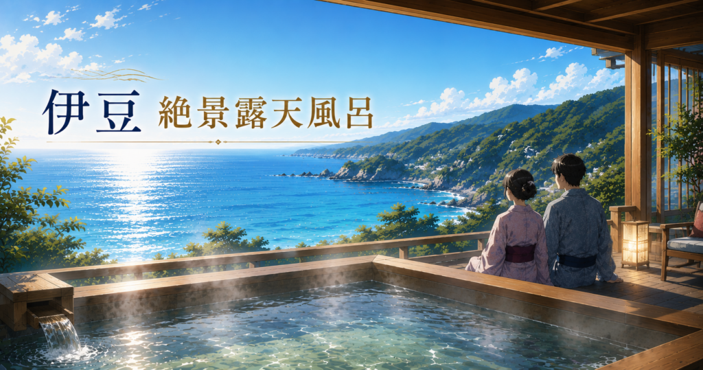 伊豆の海を望む客室露天風呂と浴衣姿のカップル