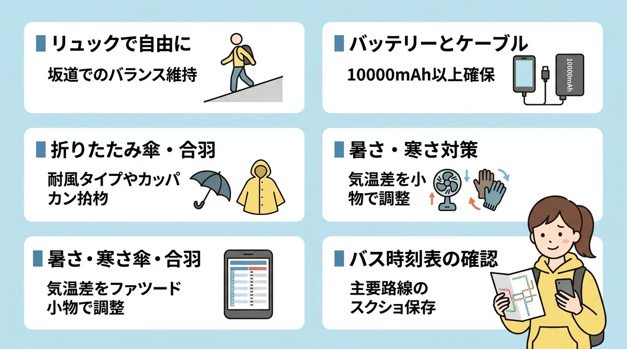 車なしでも快適に回るための持ち物と事前準備
