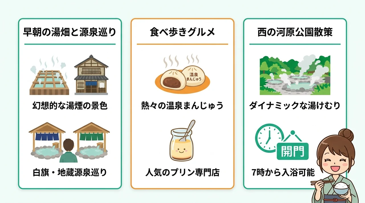 朝食前後に楽しむ湯畑周辺散策モデルコース