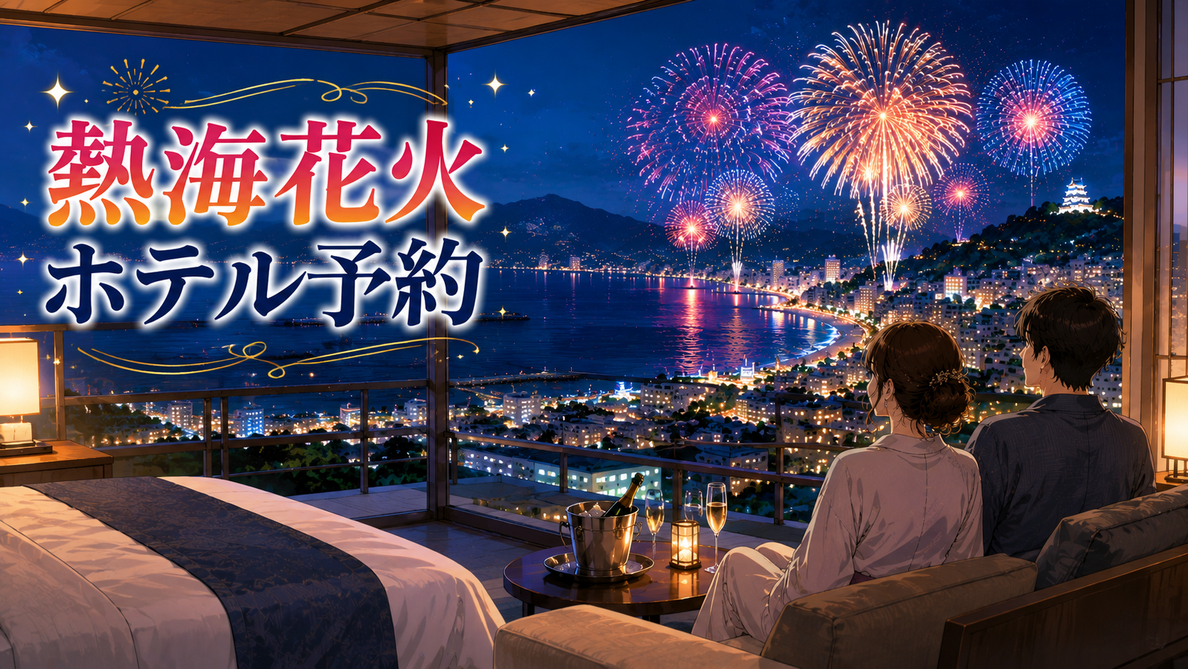 熱海海上花火大会をホテル客室から眺めるカップルと熱海湾の夜景