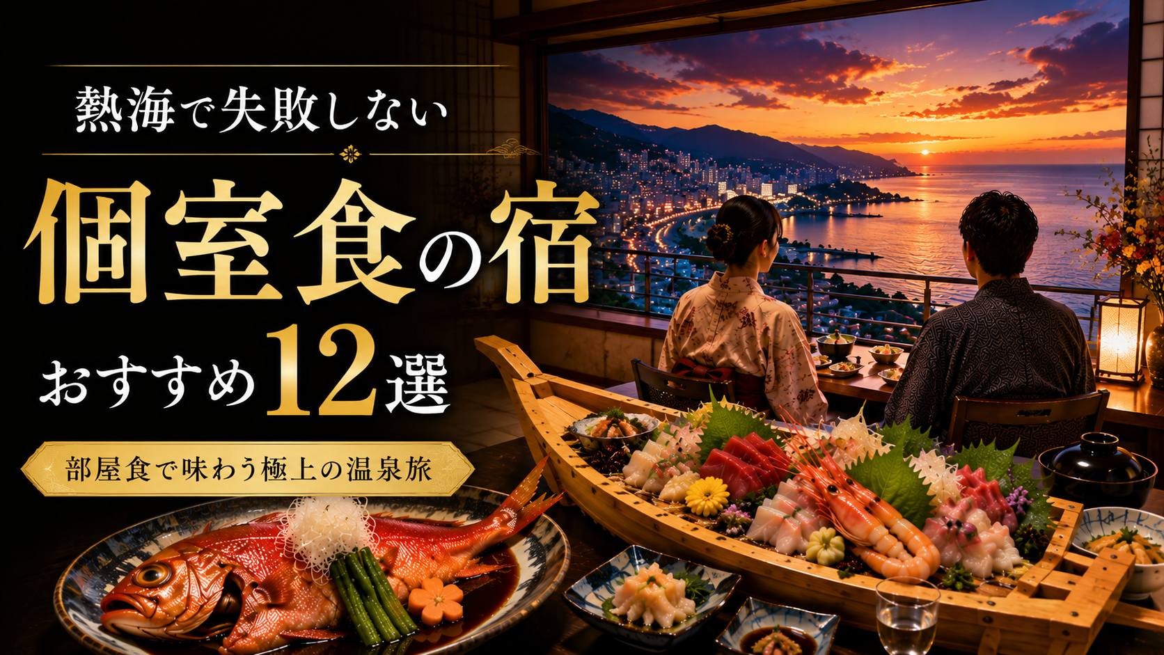 熱海の海を望む個室で金目鯛や舟盛りを楽しむ温泉旅館の食事イメージ
