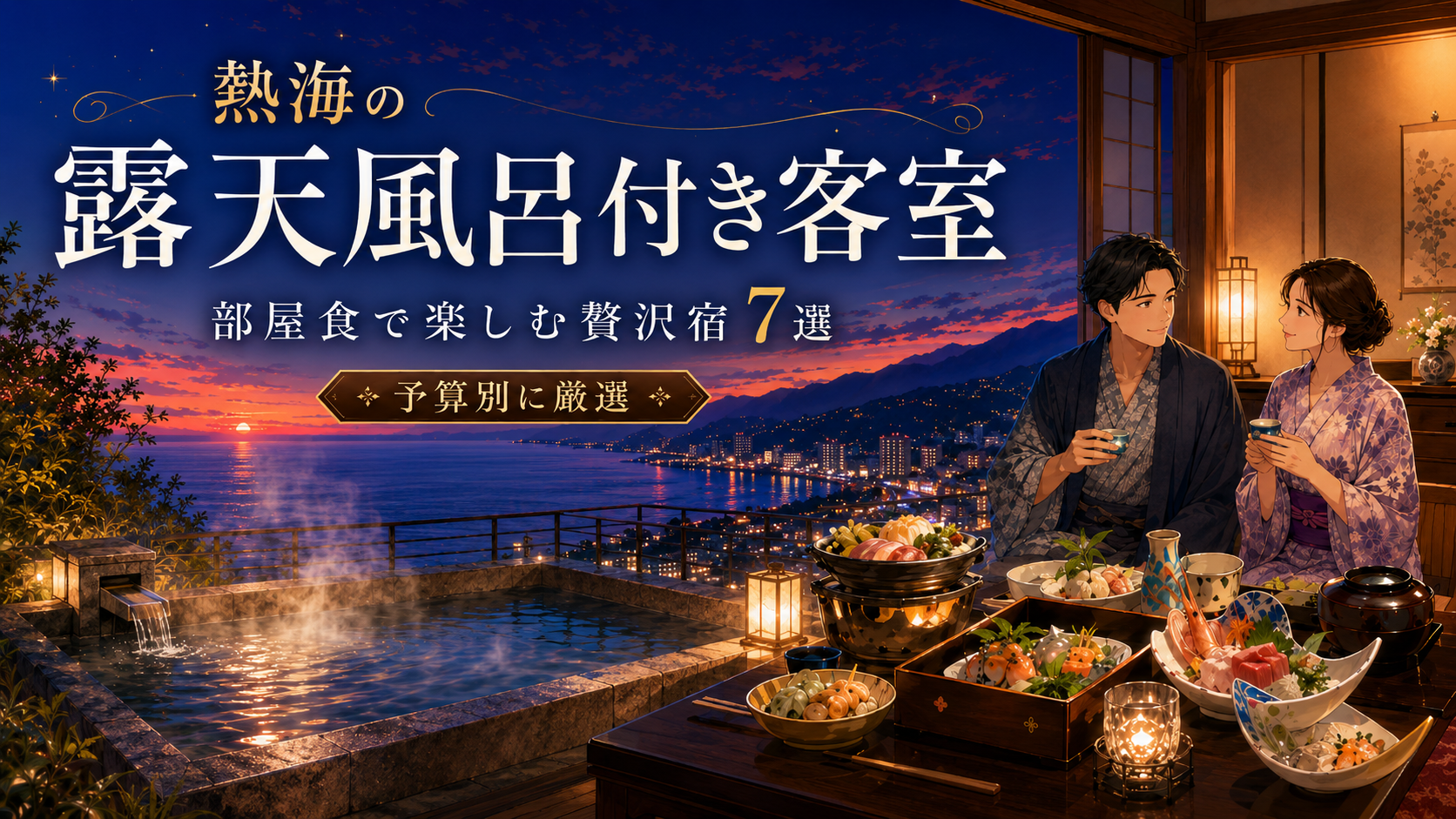 熱海で露天風呂付き客室と部屋食を楽しめる宿を予算別に紹介する記事のアイキャッチ画像