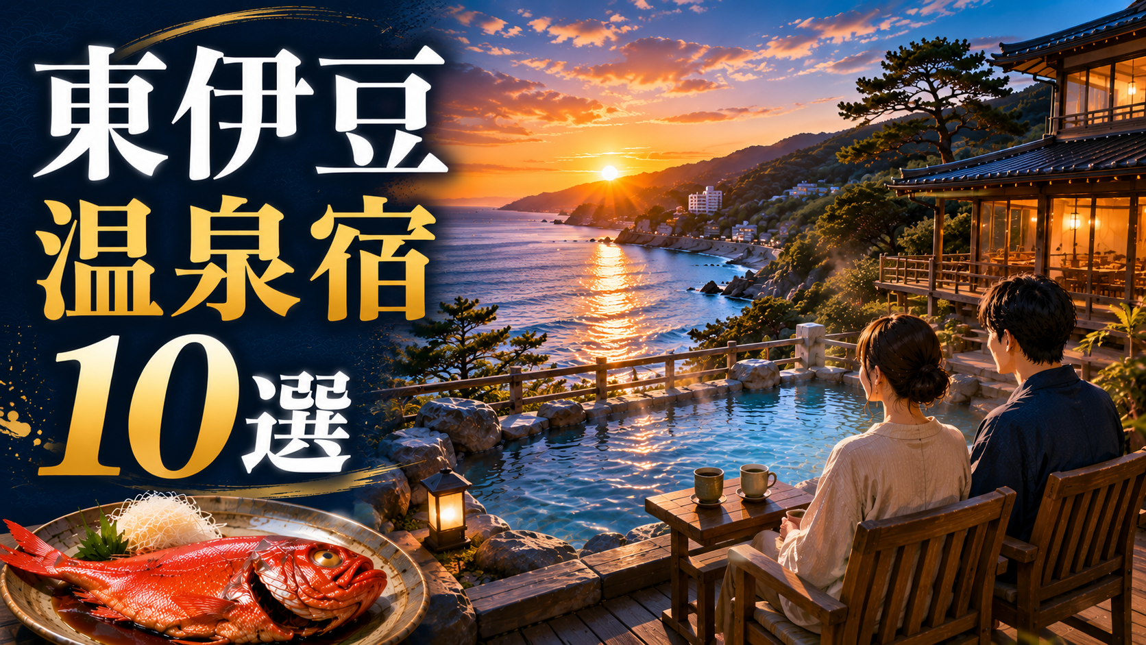 東伊豆の海を望む温泉宿と金目鯛料理を描いた、東伊豆温泉宿10選のアイキャッチ画像