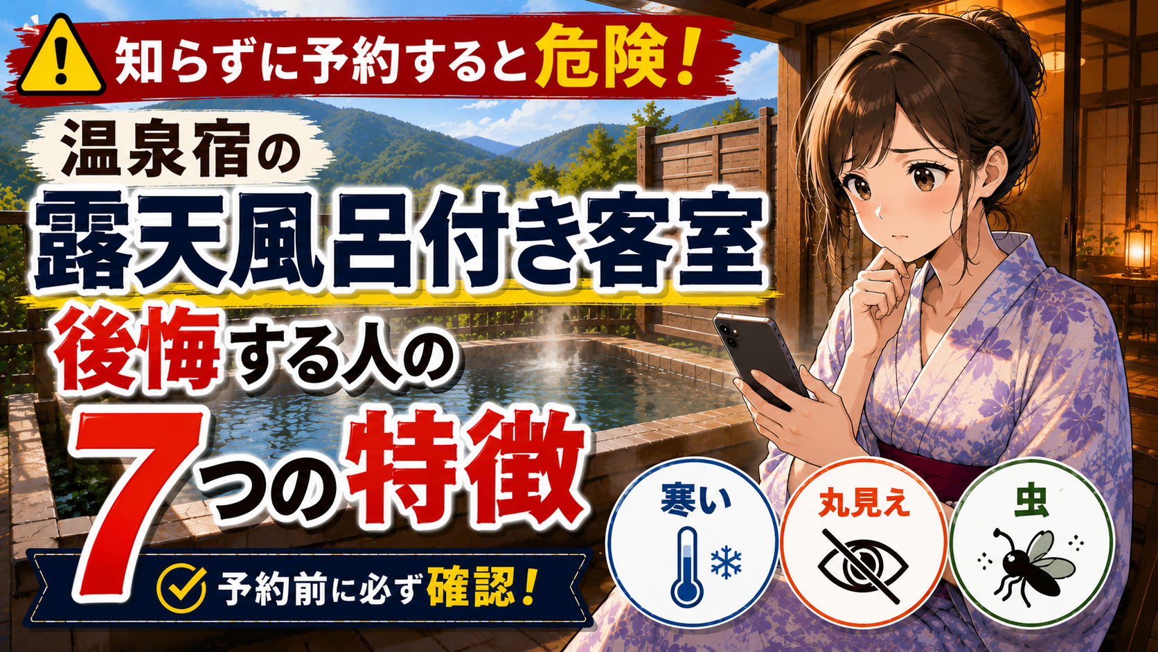 露天風呂付き客室を予約前に確認する女性と注意点を示した温泉宿のイラスト