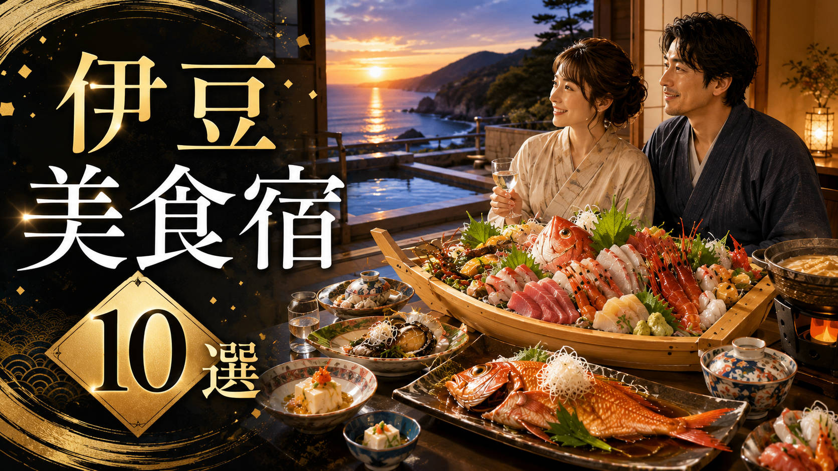 伊豆で食事が美味しい宿10選を紹介するアイキャッチ画像。海を望む旅館の客室で、金目鯛や舟盛りなどの海鮮会席を楽しむ大人の夫婦