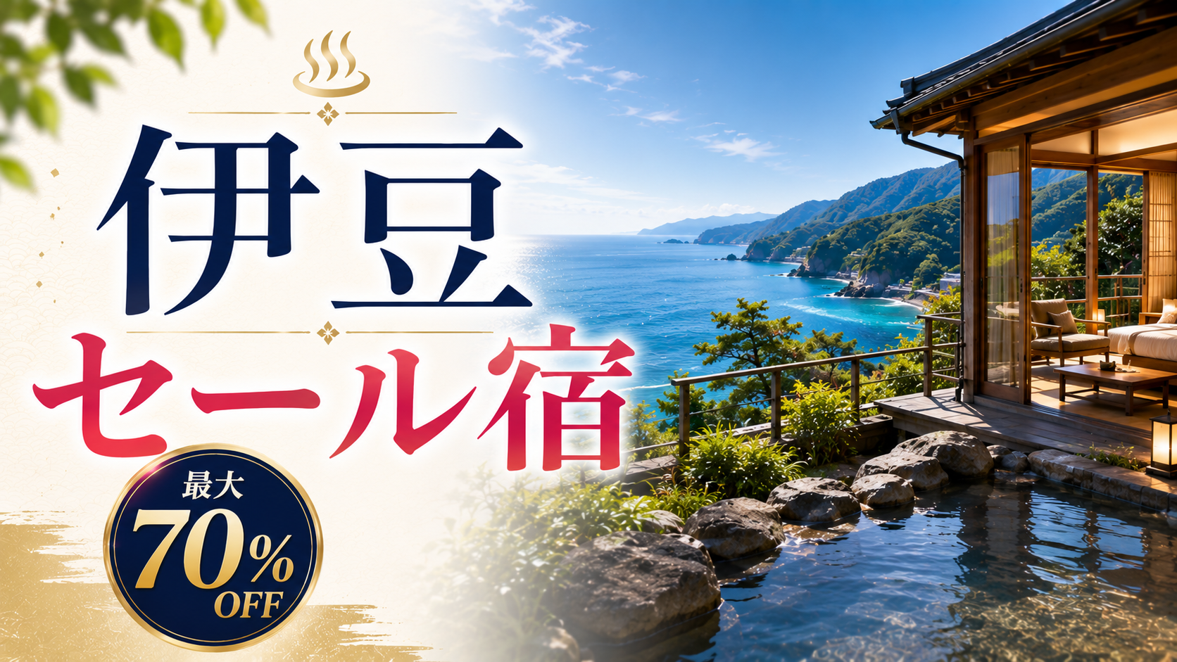 伊豆のセール宿を最大70%OFFで探せる温泉旅館と海景色のアイキャッチ画像
