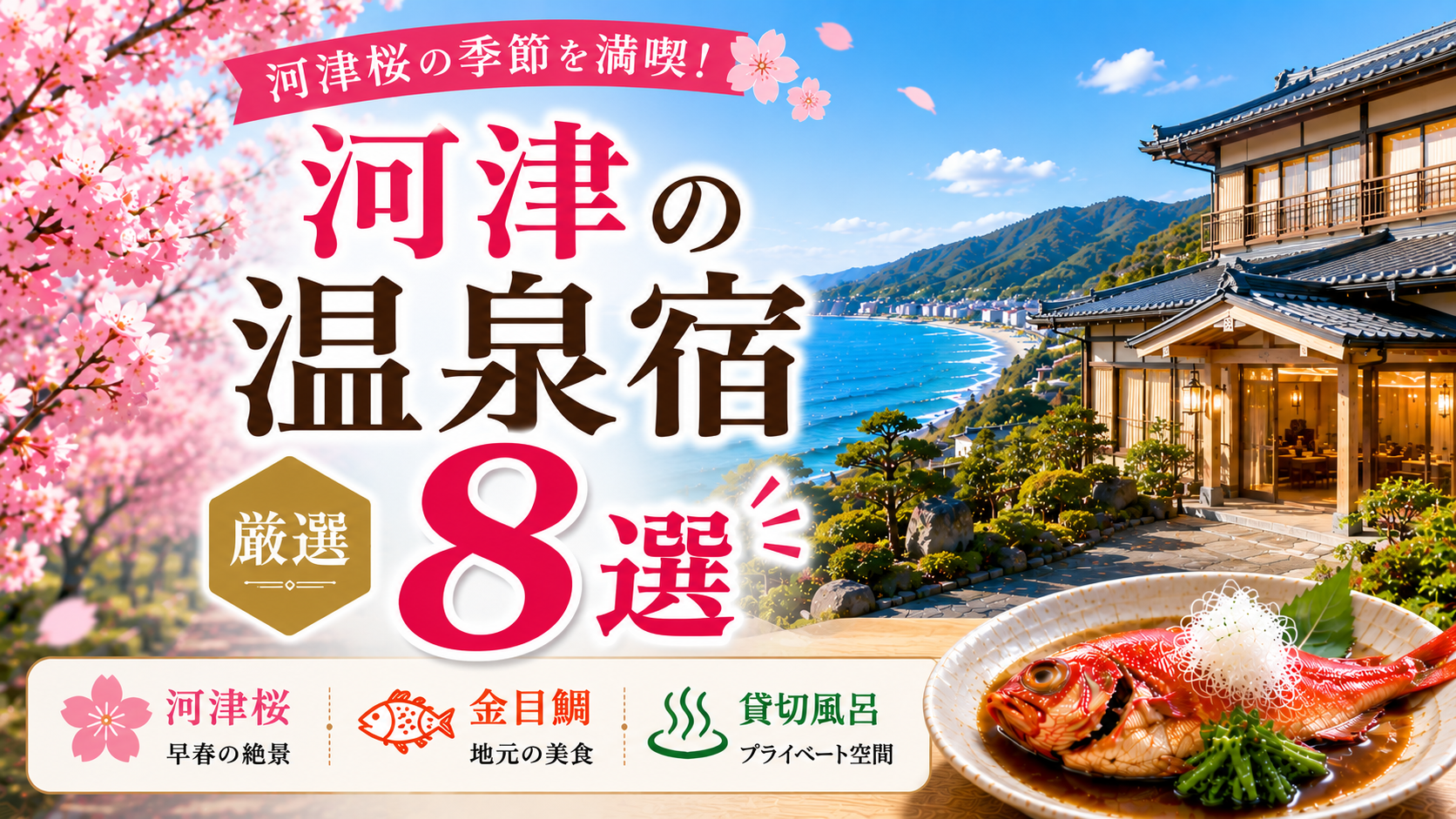 河津桜と海を望む温泉宿、金目鯛料理を描いた河津の温泉宿おすすめ8選のアイキャッチ画像