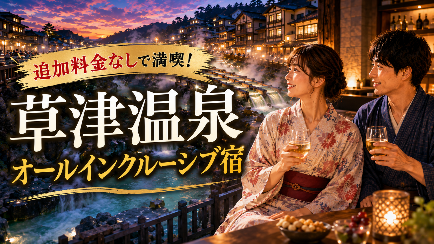 草津温泉の湯畑を背景に浴衣姿のカップルがくつろぐオールインクルーシブ宿のアイキャッチ画像