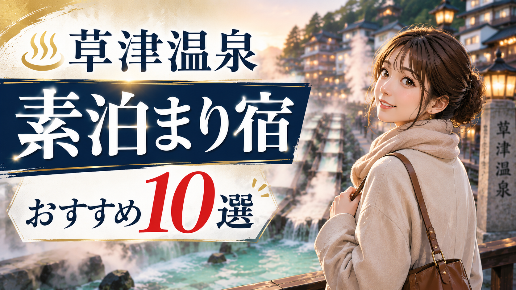 草津温泉の湯畑を背景に、素泊まり宿おすすめ10選を紹介するアイキャッチ画像