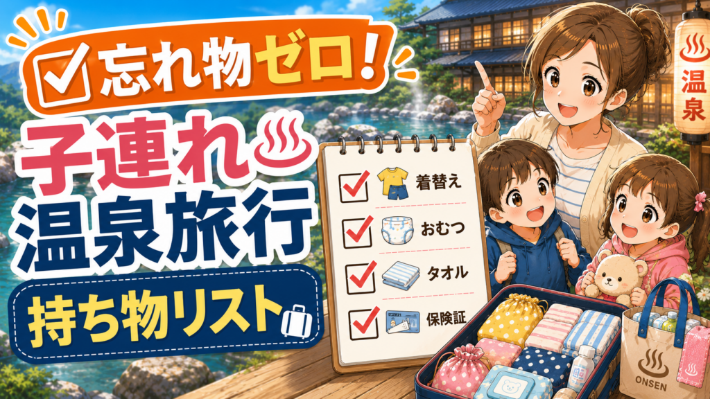 子連れ温泉旅行の持ち物リストと忘れ物防止チェックをする親子のイラスト