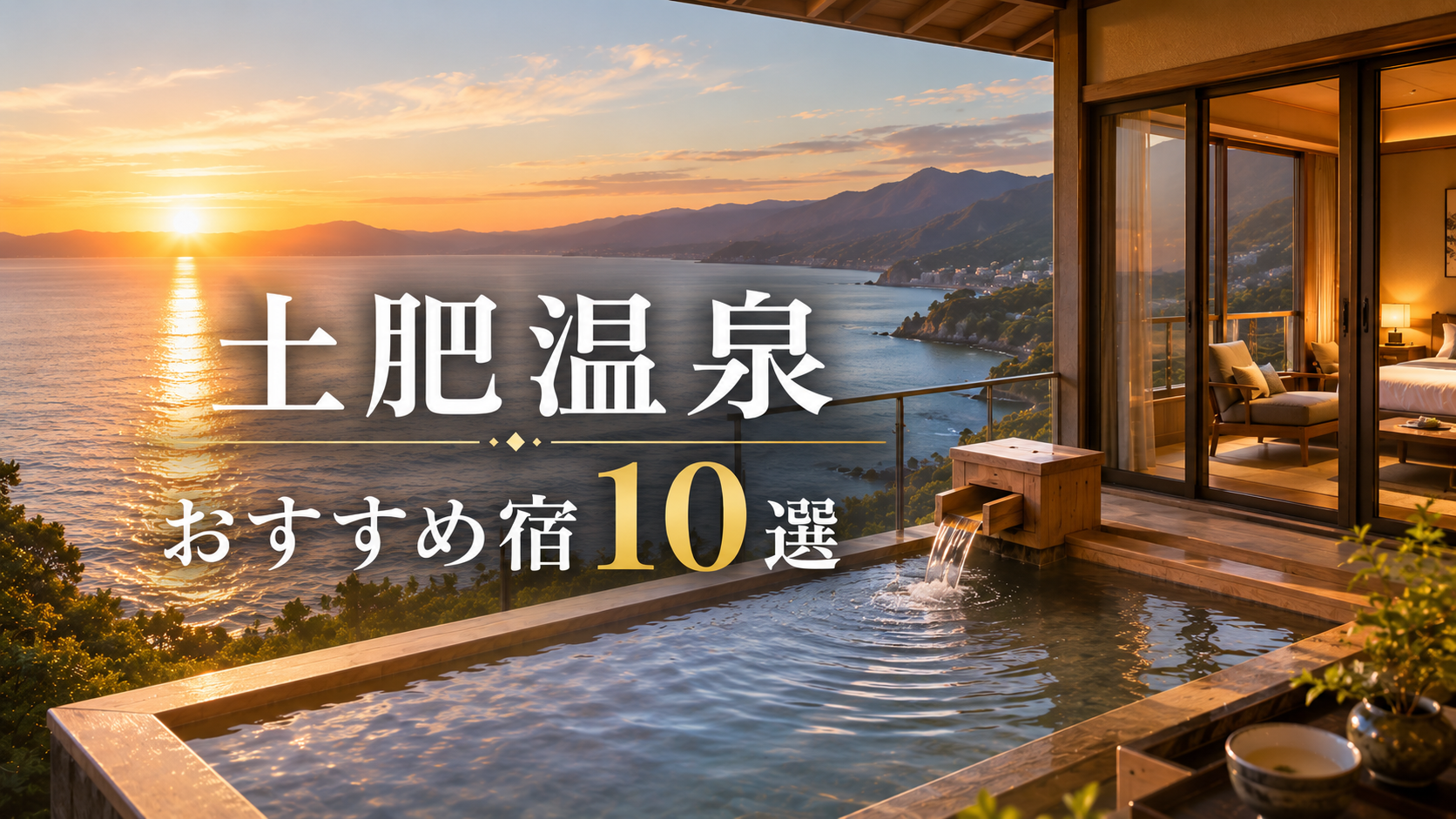 土肥温泉のおすすめ宿10選を紹介する記事のアイキャッチ画像。駿河湾の夕日と客室露天風呂付き旅館のイメージ