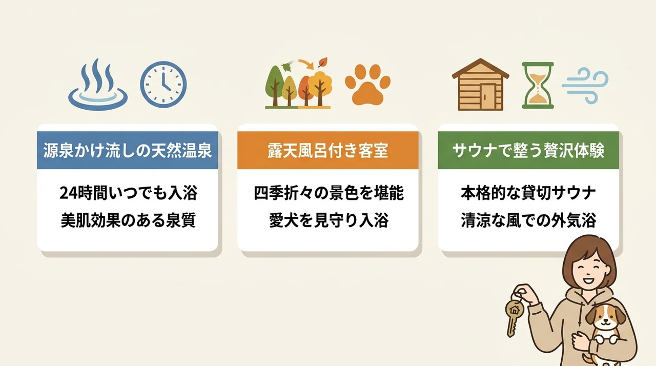 飼い主も癒される温泉付きコテージの特徴
