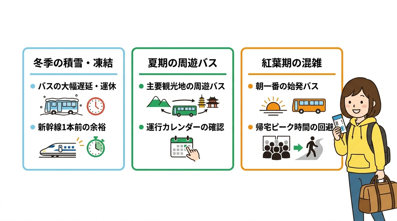 季節別に見る電車+バスでのアクセス注意点